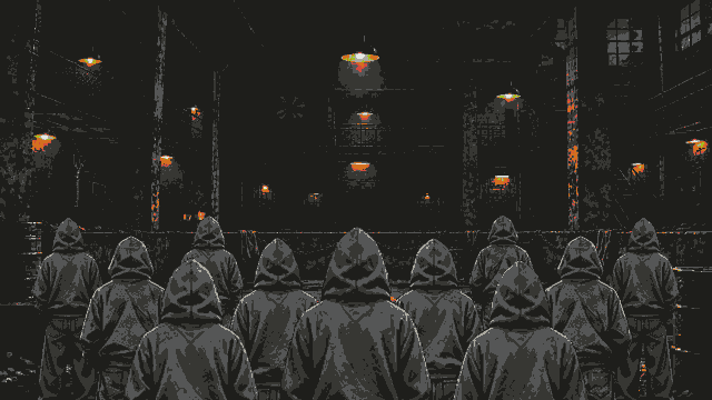 A crowd of hooded figures standing in the pit, all identical
