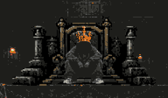 The same hood seated on the throne, wearing a crown lit like a mixer LED
